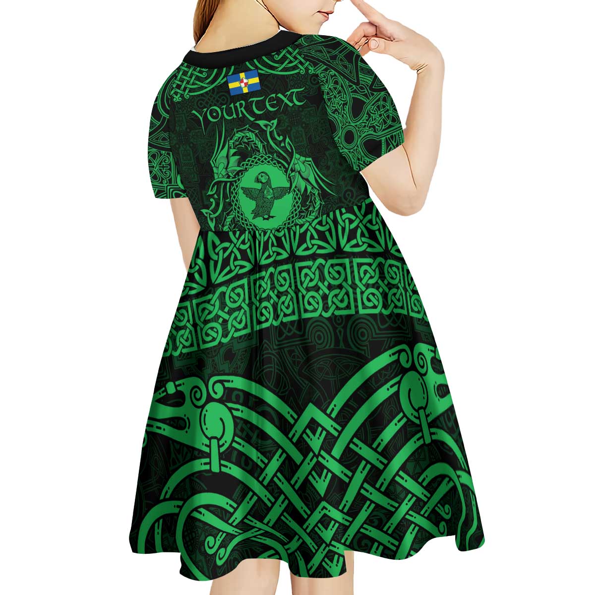 Personalized Pembrokeshire Sir Benfro Kid Short Sleeve Dress Green Puffin Celtic-inspired - Wonder Print Shop