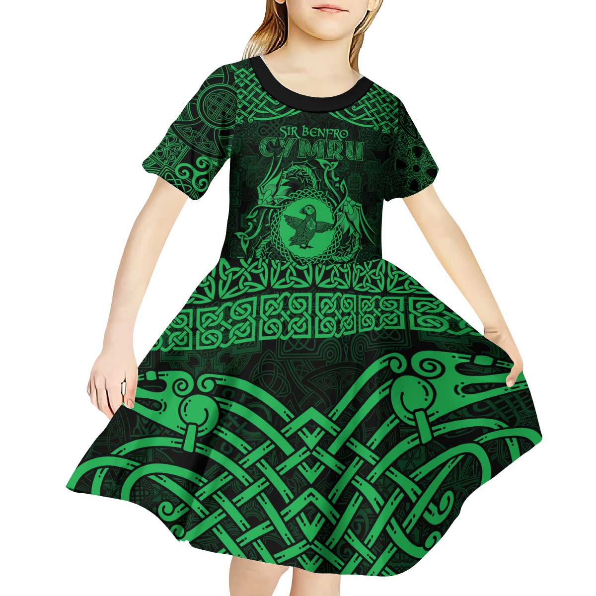 Personalized Pembrokeshire Sir Benfro Kid Short Sleeve Dress Green Puffin Celtic-inspired - Wonder Print Shop