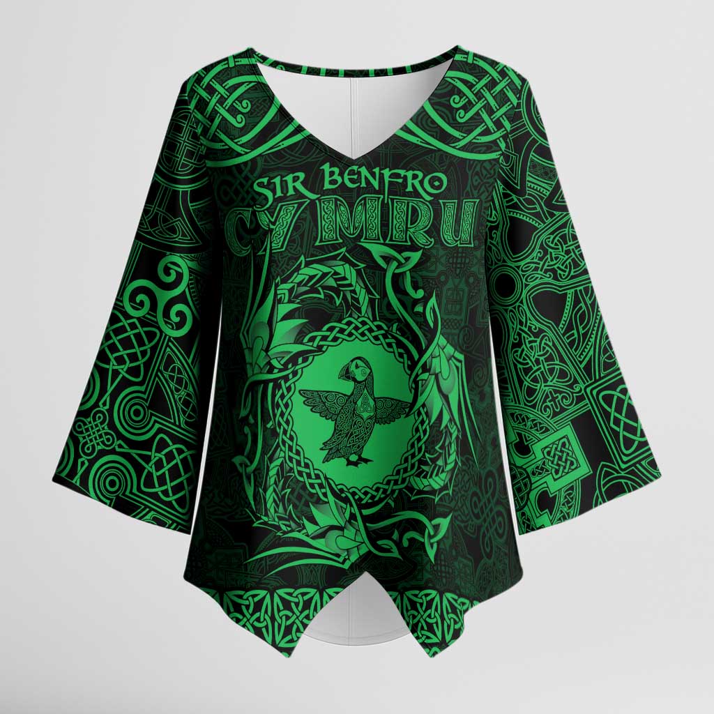 Personalized Pembrokeshire Sir Benfro Kimono Sleeve Blouse Green Puffin Celtic-inspired - Wonder Print Shop