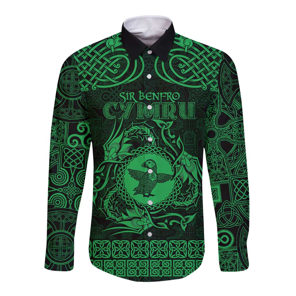 Personalized Pembrokeshire Sir Benfro Long Sleeve Button Shirt Green Puffin Celtic-inspired - Wonder Print Shop
