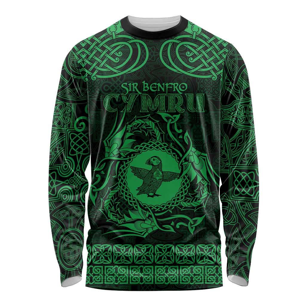 Personalized Pembrokeshire Sir Benfro Long Sleeve Shirt Green Puffin Celtic-inspired - Wonder Print Shop