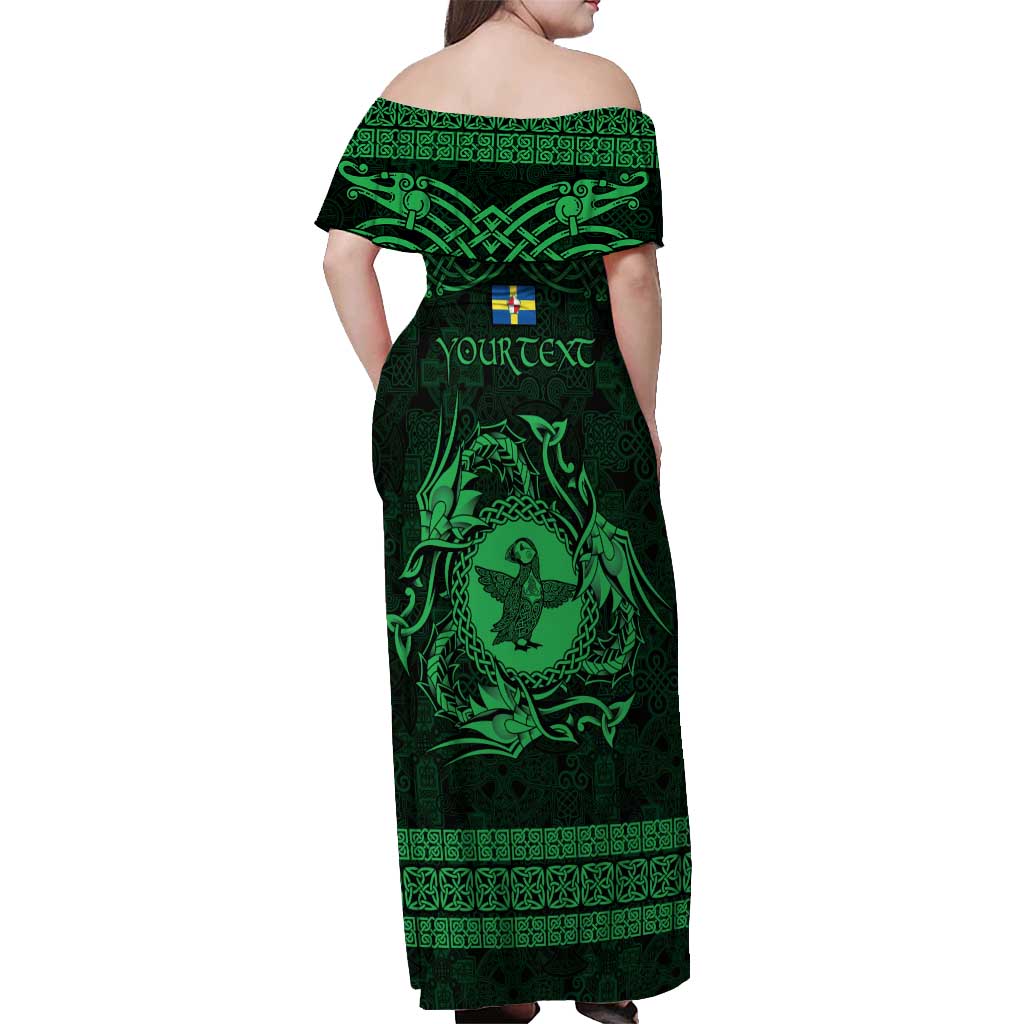 Personalized Pembrokeshire Sir Benfro Off Shoulder Maxi Dress Green Puffin Celtic-inspired - Wonder Print Shop