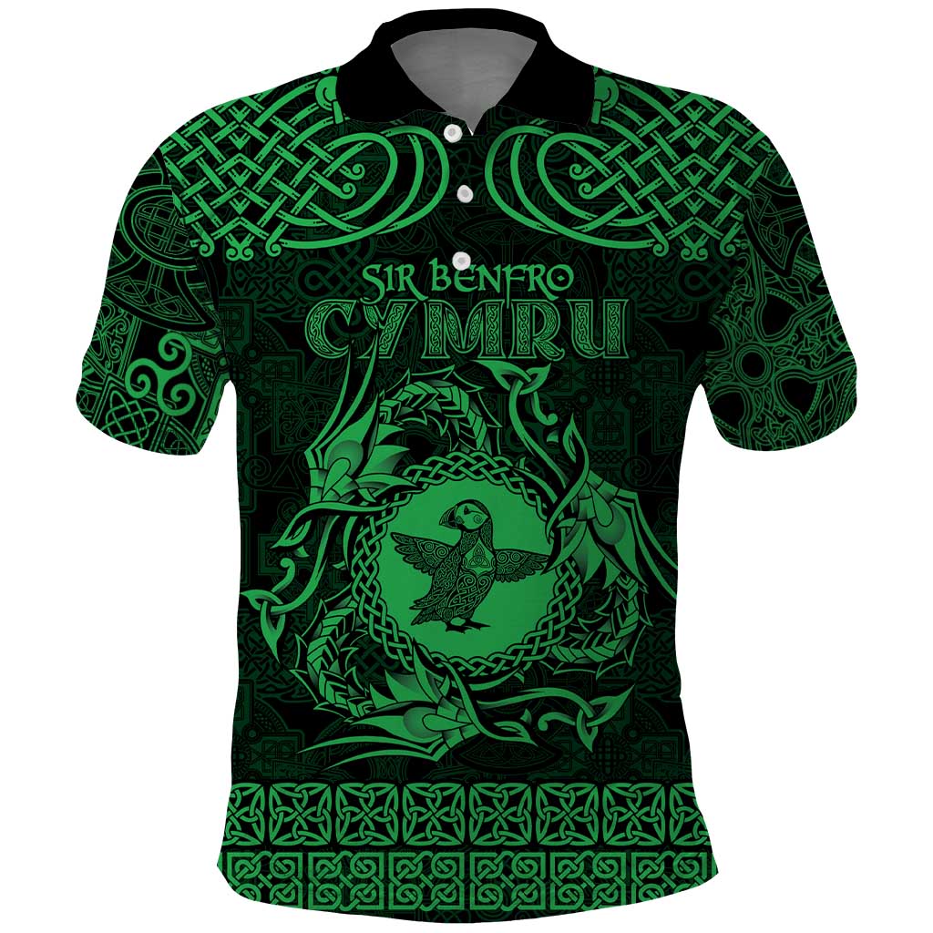 Personalized Pembrokeshire Sir Benfro Polo Shirt Green Puffin Celtic-inspired - Wonder Print Shop