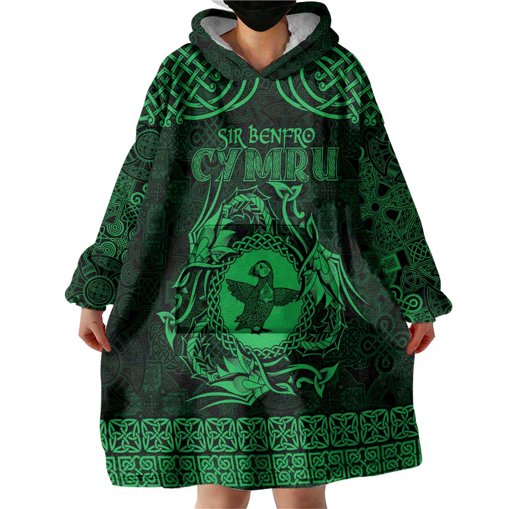 Personalized Pembrokeshire Sir Benfro Wearable Blanket Hoodie Green Puffin Celtic-inspired - Wonder Print Shop