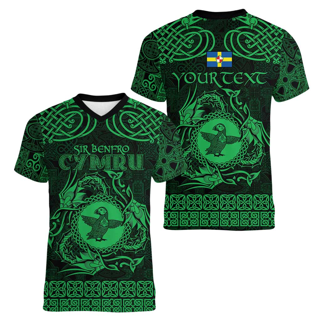 Personalized Pembrokeshire Sir Benfro Women V-Neck T-Shirt Green Puffin Celtic-inspired - Wonder Print Shop