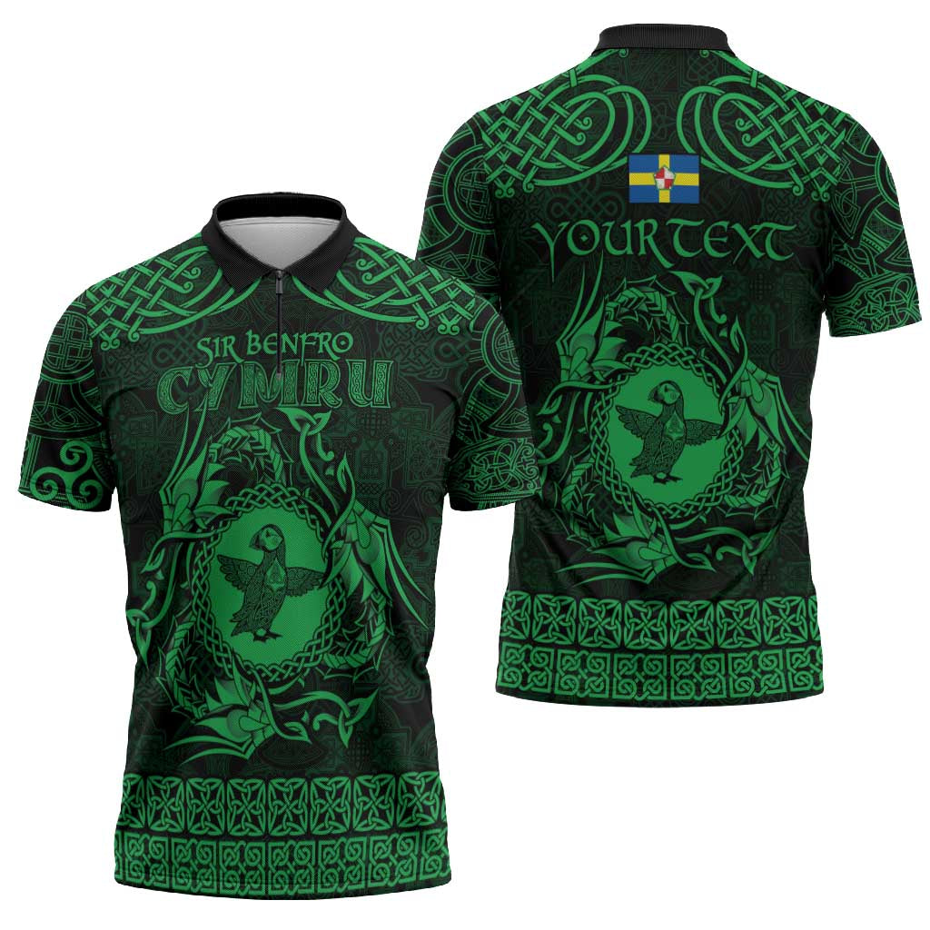 Personalized Pembrokeshire Sir Benfro Zipper Polo Shirt Green Puffin Celtic-inspired - Wonder Print Shop