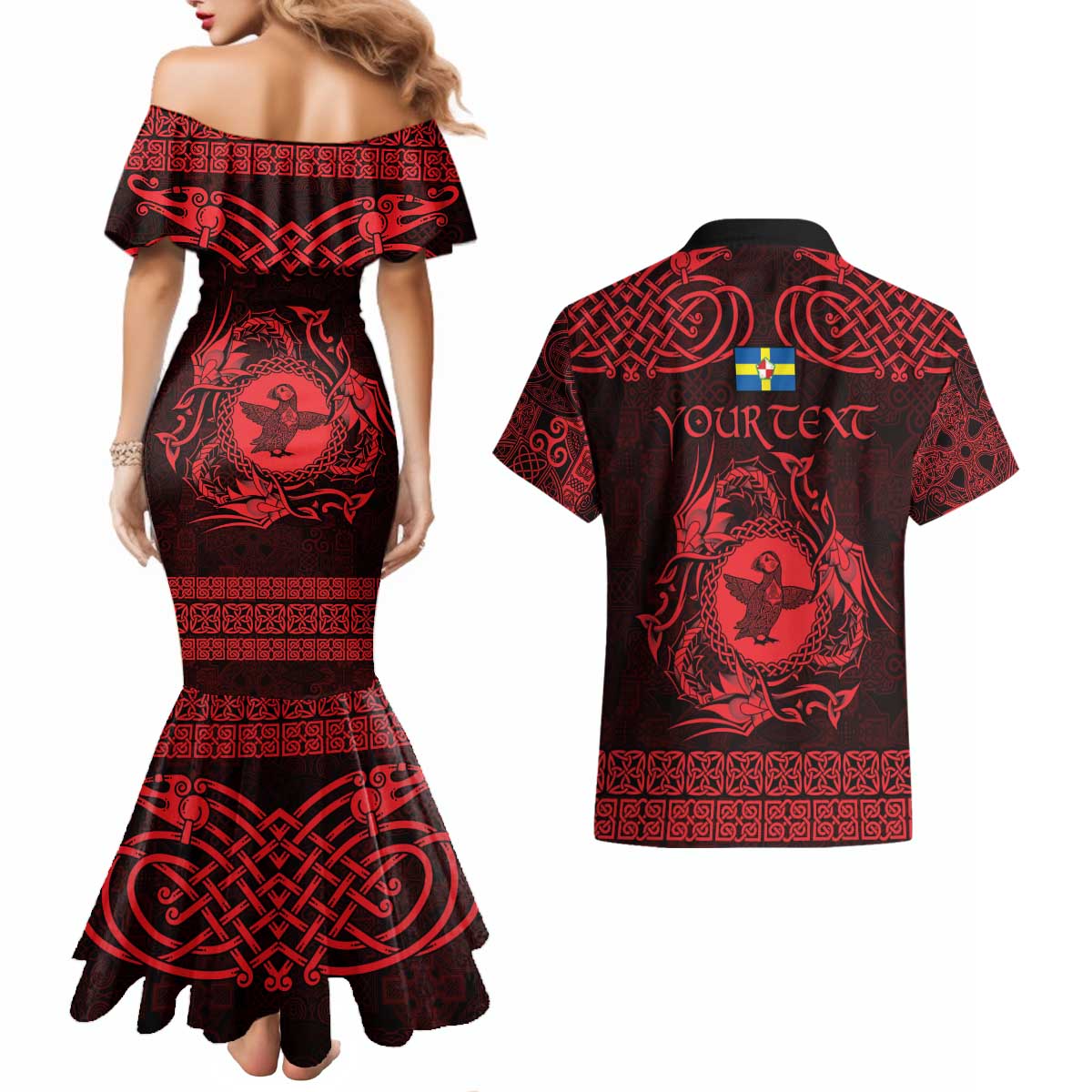 Personalized Pembrokeshire Sir Benfro Couples Matching Mermaid Dress and Hawaiian Shirt Red Puffin Celtic-inspired - Wonder Print Shop