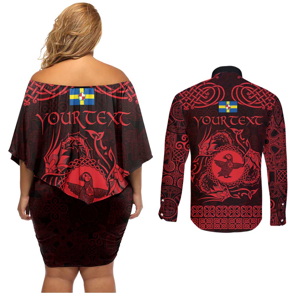 Personalized Pembrokeshire Sir Benfro Couples Matching Off Shoulder Short Dress and Long Sleeve Button Shirt Red Puffin Celtic-inspired - Wonder Print Shop