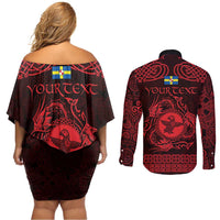 Personalized Pembrokeshire Sir Benfro Couples Matching Off Shoulder Short Dress and Long Sleeve Button Shirt Red Puffin Celtic-inspired - Wonder Print Shop