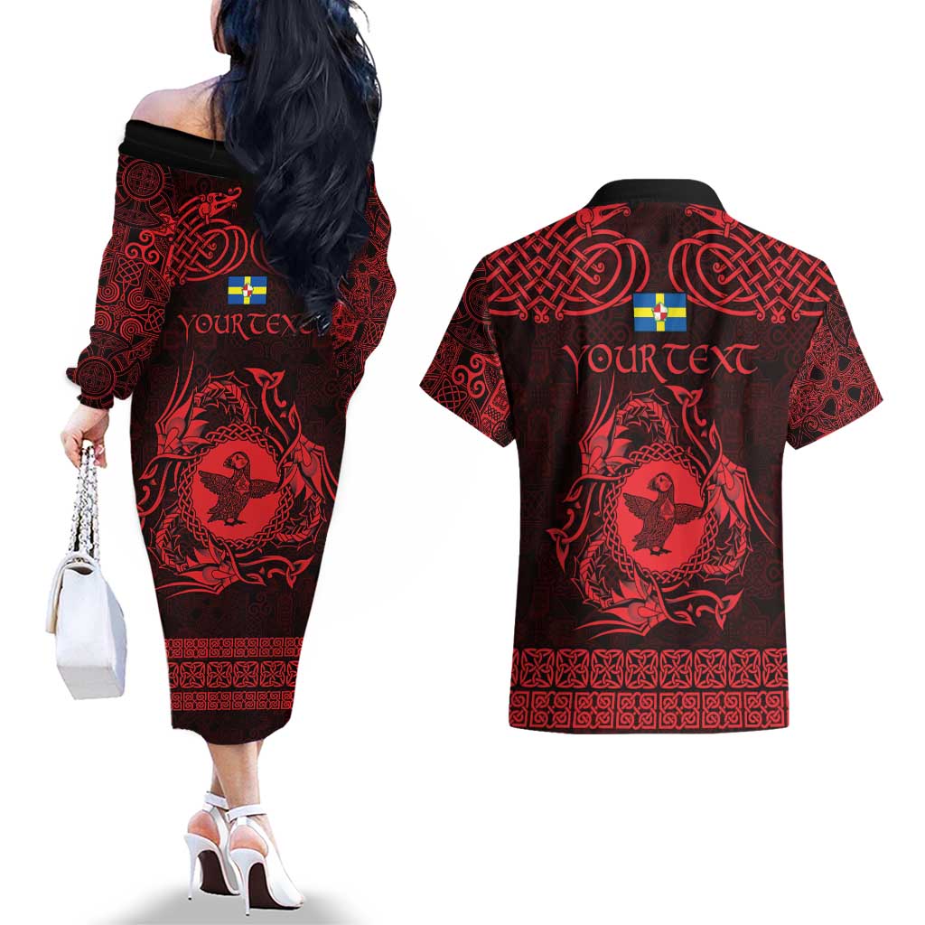 Personalized Pembrokeshire Sir Benfro Couples Matching Off The Shoulder Long Sleeve Dress and Hawaiian Shirt Red Puffin Celtic-inspired - Wonder Print Shop