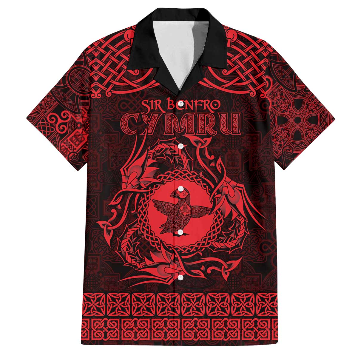 Personalized Pembrokeshire Sir Benfro Family Matching Off The Shoulder Long Sleeve Dress and Hawaiian Shirt Red Puffin Celtic-inspired - Wonder Print Shop