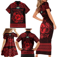 Personalized Pembrokeshire Sir Benfro Family Matching Short Sleeve Bodycon Dress and Hawaiian Shirt Red Puffin Celtic-inspired - Wonder Print Shop