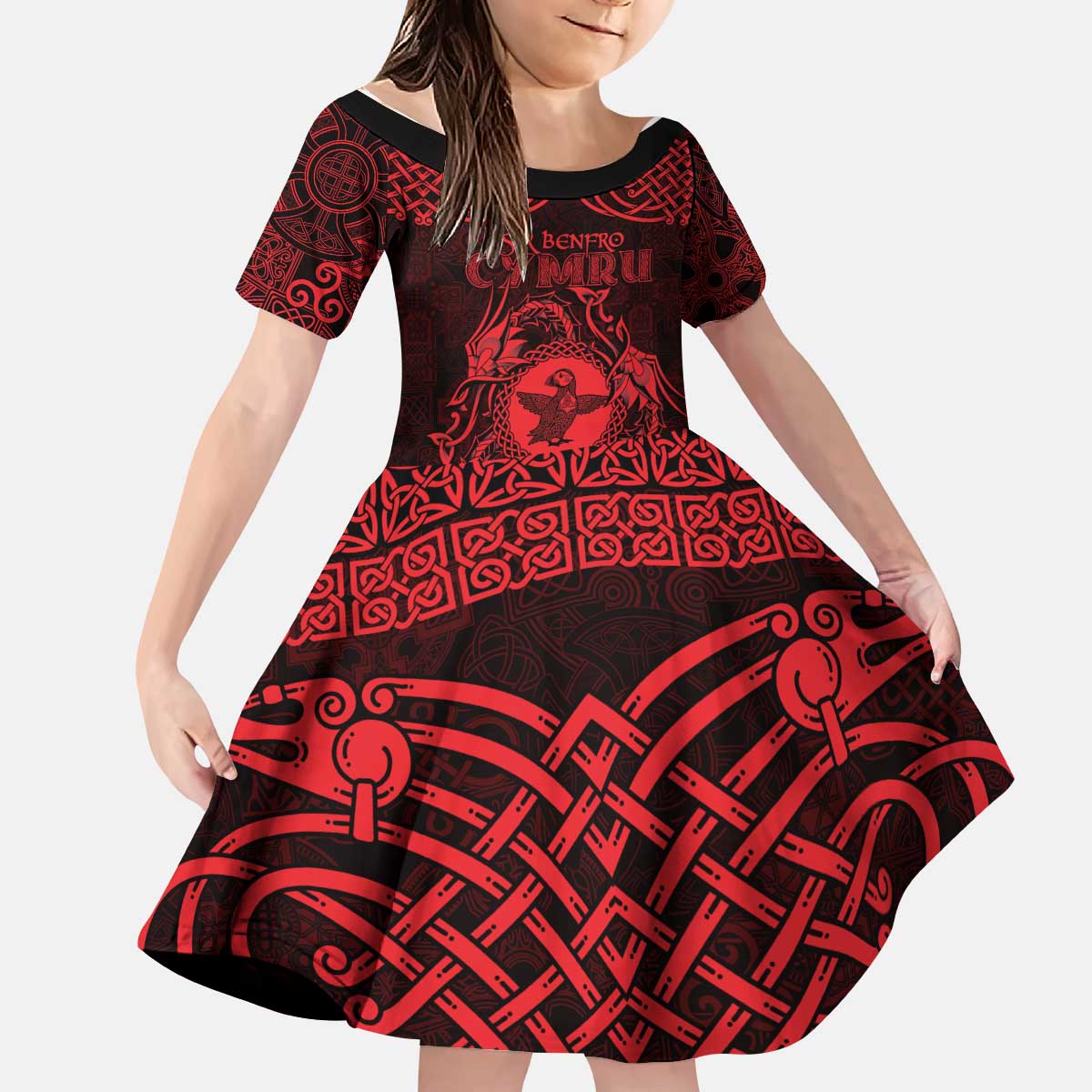 Personalized Pembrokeshire Sir Benfro Kid Short Sleeve Dress Red Puffin Celtic-inspired - Wonder Print Shop