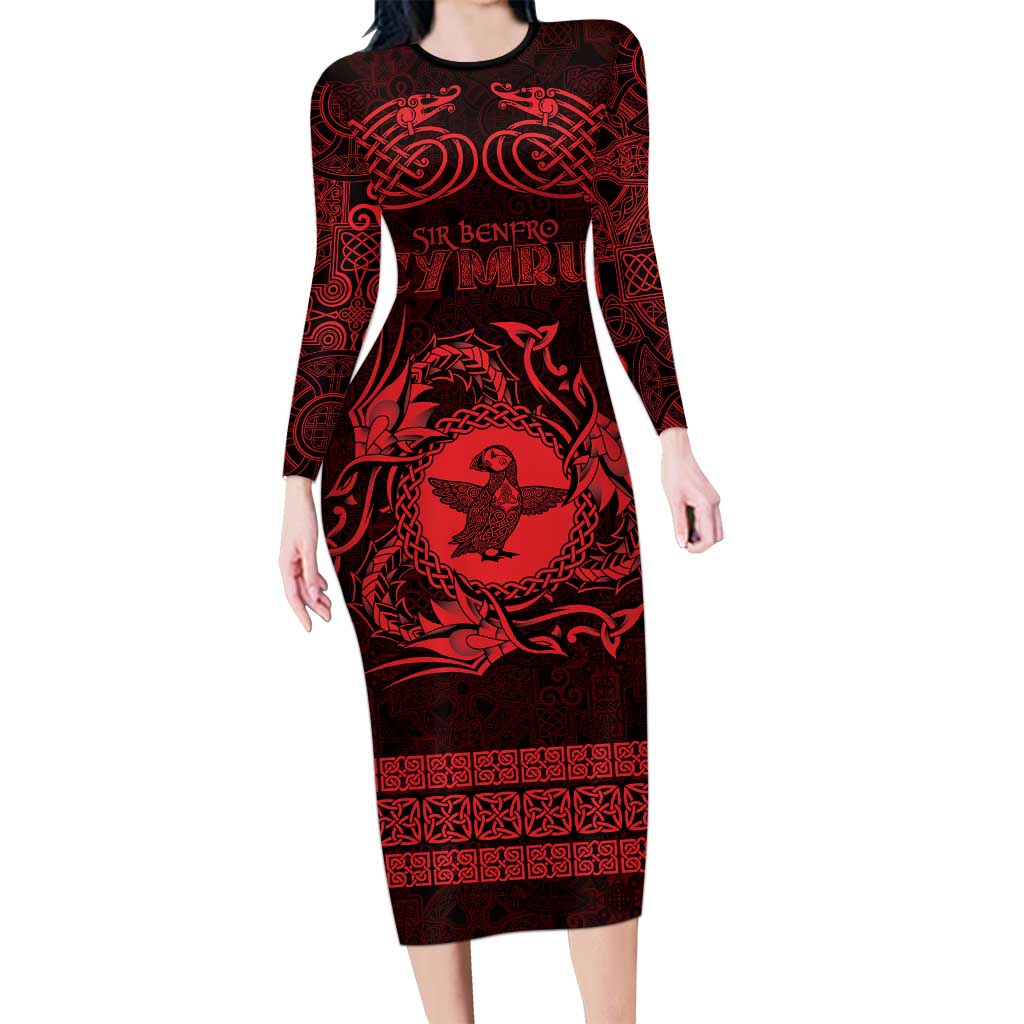 Personalized Pembrokeshire Sir Benfro Long Sleeve Bodycon Dress Red Puffin Celtic-inspired - Wonder Print Shop