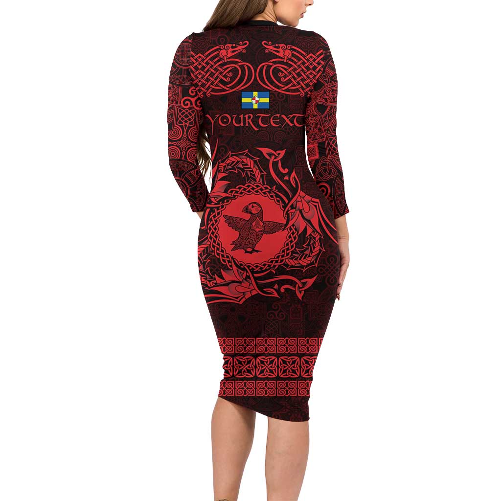 Personalized Pembrokeshire Sir Benfro Long Sleeve Bodycon Dress Red Puffin Celtic-inspired - Wonder Print Shop