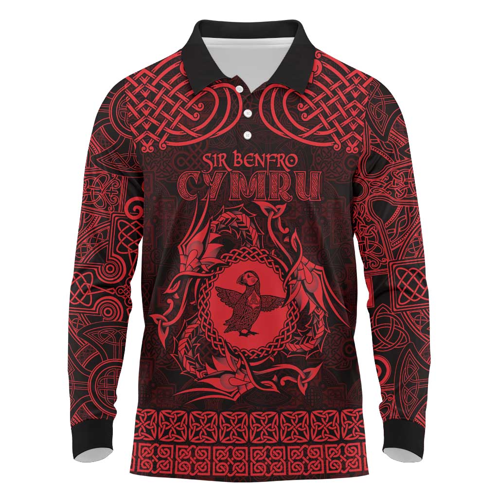 Personalized Pembrokeshire Sir Benfro Long Sleeve Polo Shirt Red Puffin Celtic-inspired - Wonder Print Shop