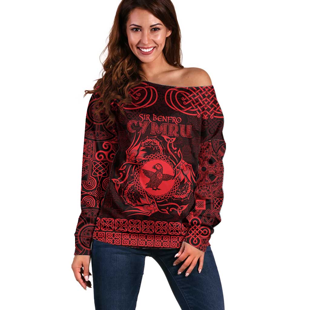 Personalized Pembrokeshire Sir Benfro Off Shoulder Sweater Red Puffin Celtic-inspired - Wonder Print Shop