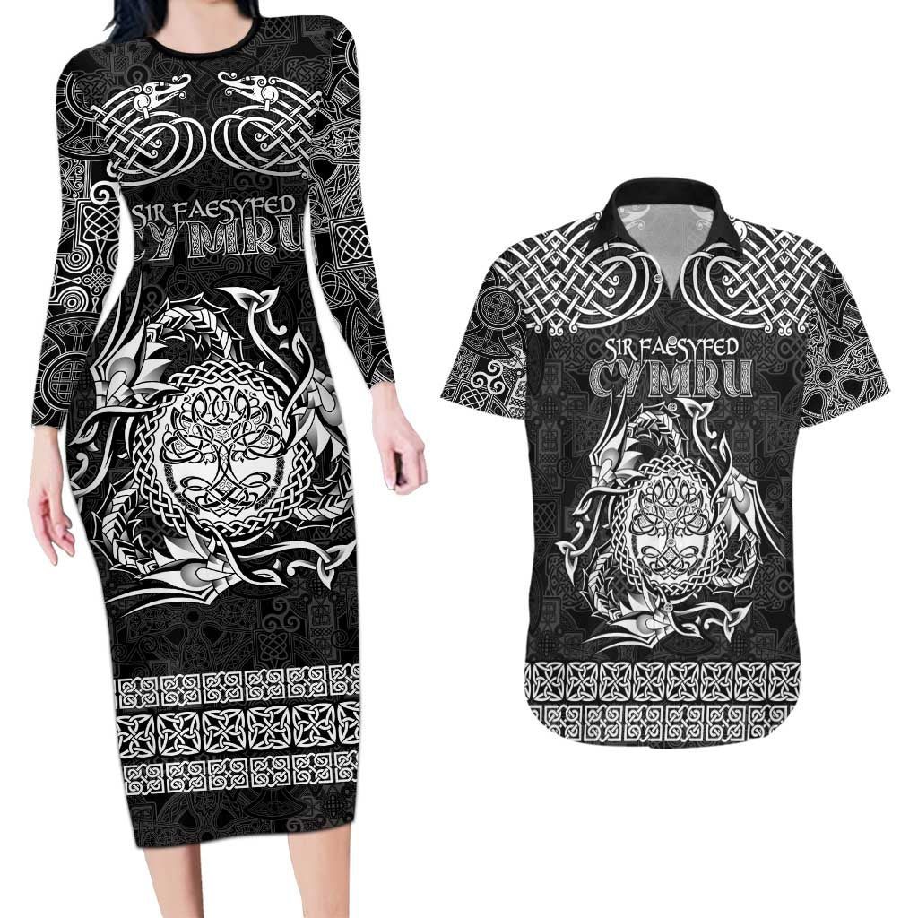 Personalized Radnorshire Sir Faesyfed Couples Matching Long Sleeve Bodycon Dress and Hawaiian Shirt Black Oak Tree Of Life Celtic-inspired - Wonder Print Shop