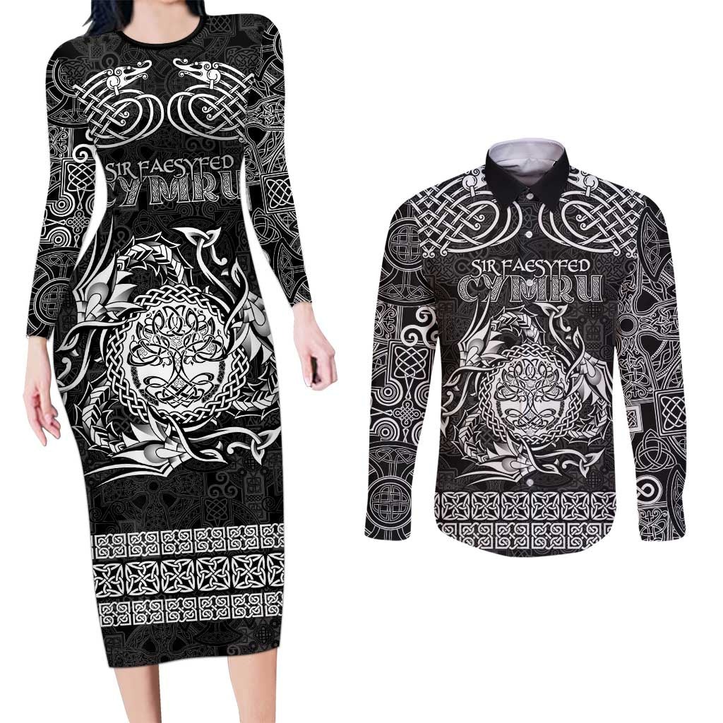 Personalized Radnorshire Sir Faesyfed Couples Matching Long Sleeve Bodycon Dress and Long Sleeve Button Shirt Black Oak Tree Of Life Celtic-inspired - Wonder Print Shop