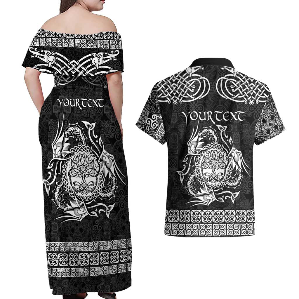 Personalized Radnorshire Sir Faesyfed Couples Matching Off Shoulder Maxi Dress and Hawaiian Shirt Black Oak Tree Of Life Celtic-inspired - Wonder Print Shop
