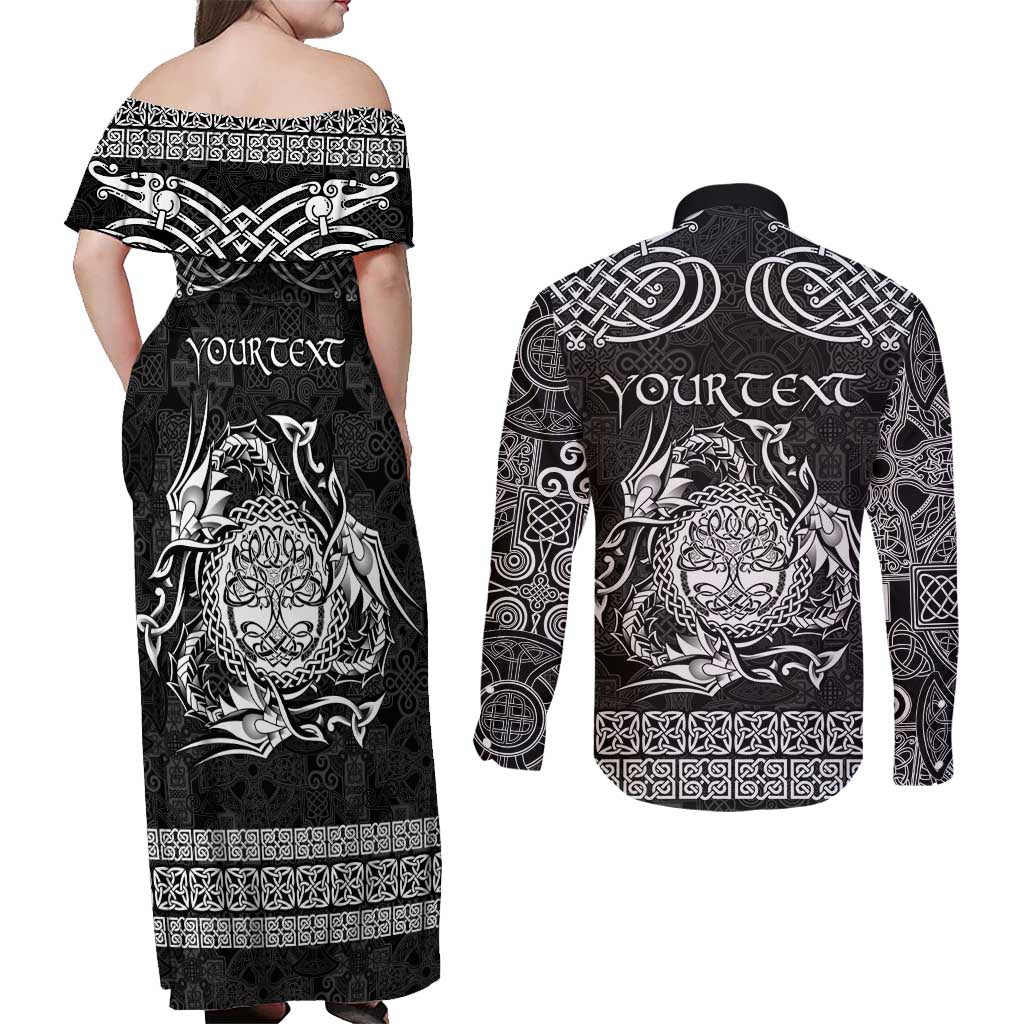 Personalized Radnorshire Sir Faesyfed Couples Matching Off Shoulder Maxi Dress and Long Sleeve Button Shirt Black Oak Tree Of Life Celtic-inspired - Wonder Print Shop
