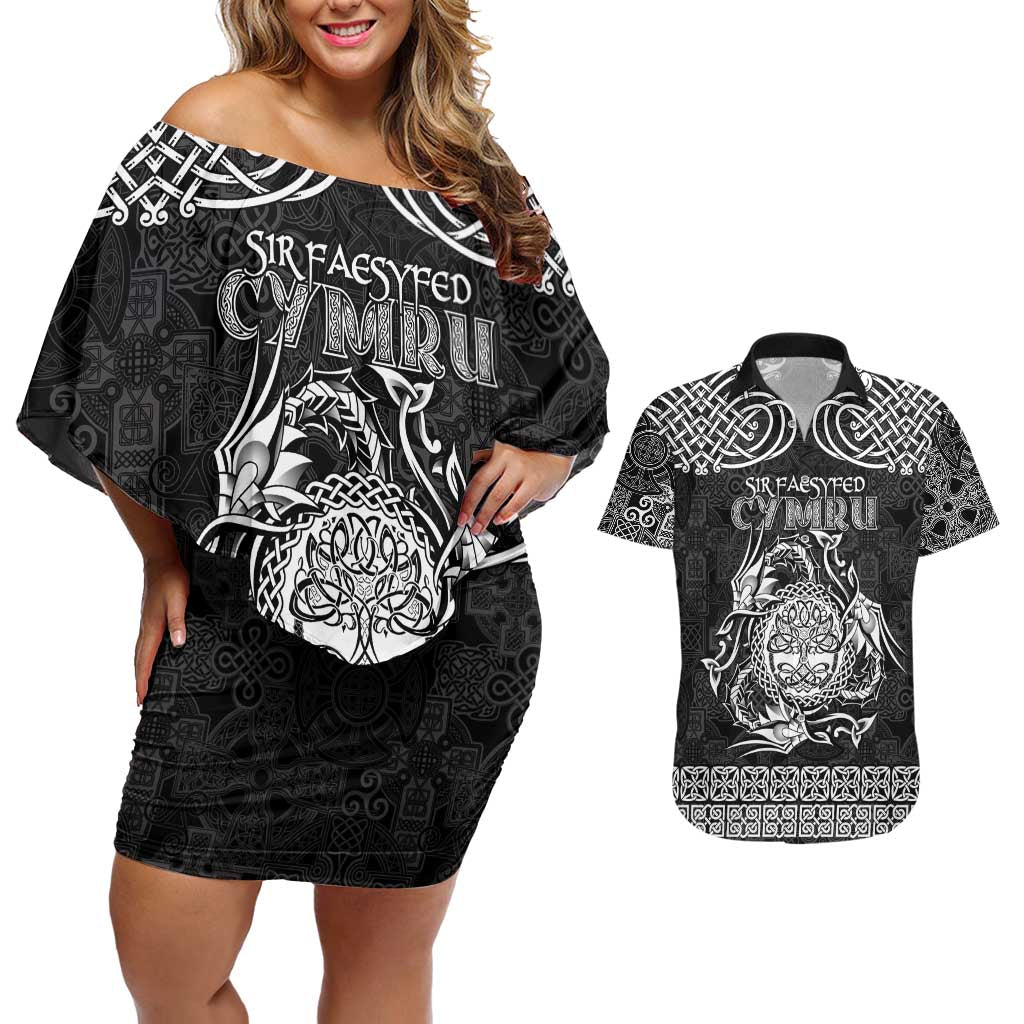 Personalized Radnorshire Sir Faesyfed Couples Matching Off Shoulder Short Dress and Hawaiian Shirt Black Oak Tree Of Life Celtic-inspired - Wonder Print Shop