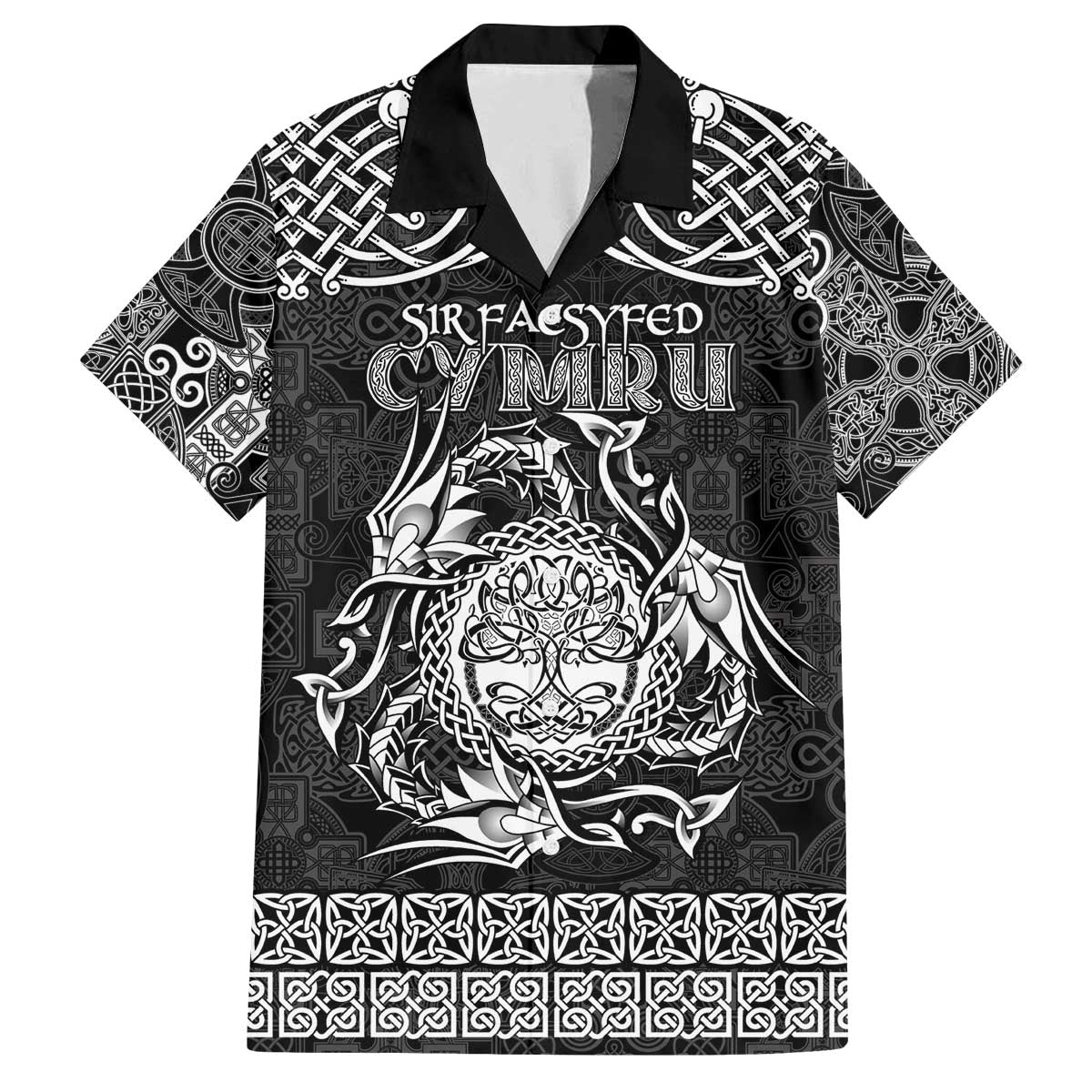 Personalized Radnorshire Sir Faesyfed Family Matching Off The Shoulder Long Sleeve Dress and Hawaiian Shirt Black Oak Tree Of Life Celtic-inspired - Wonder Print Shop