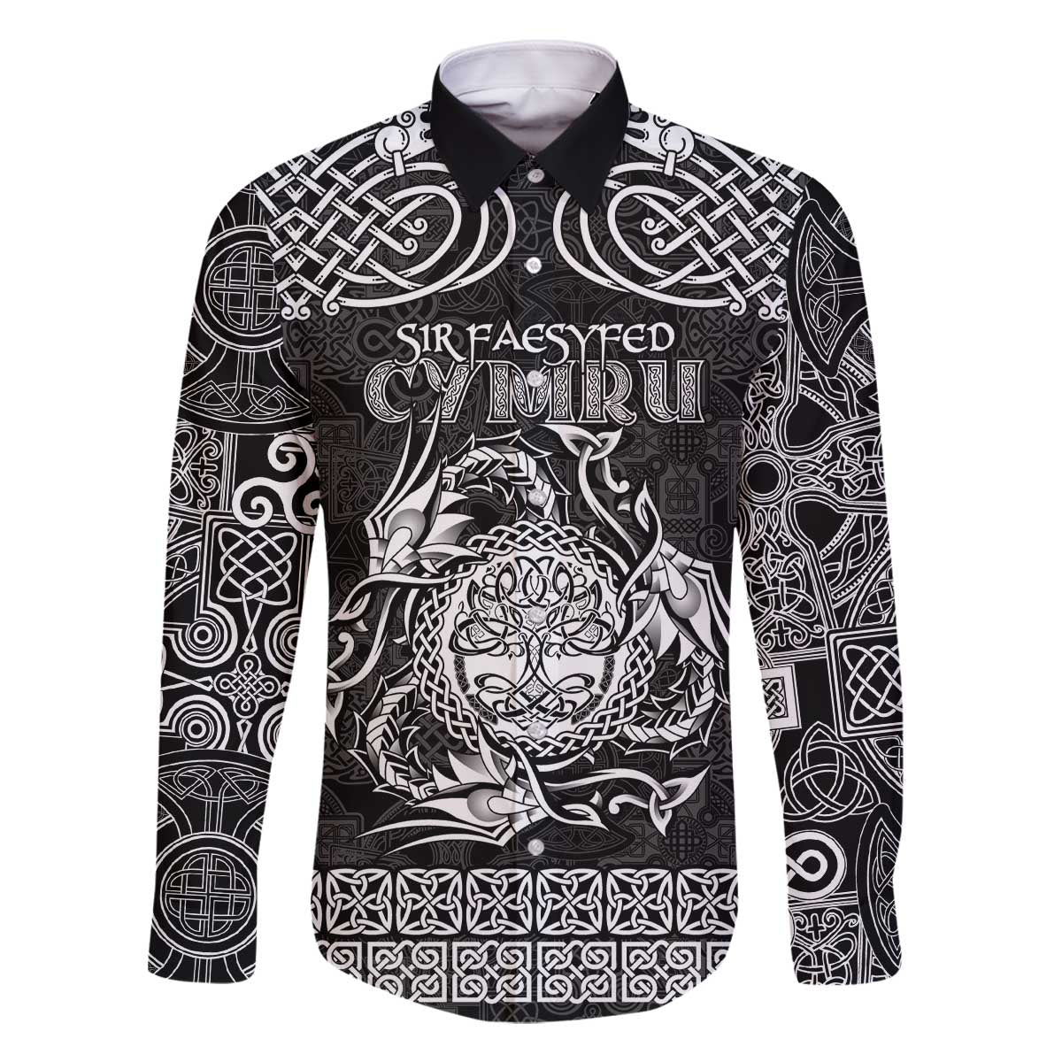 Personalized Radnorshire Sir Faesyfed Family Matching Off The Shoulder Long Sleeve Dress and Hawaiian Shirt Black Oak Tree Of Life Celtic-inspired - Wonder Print Shop