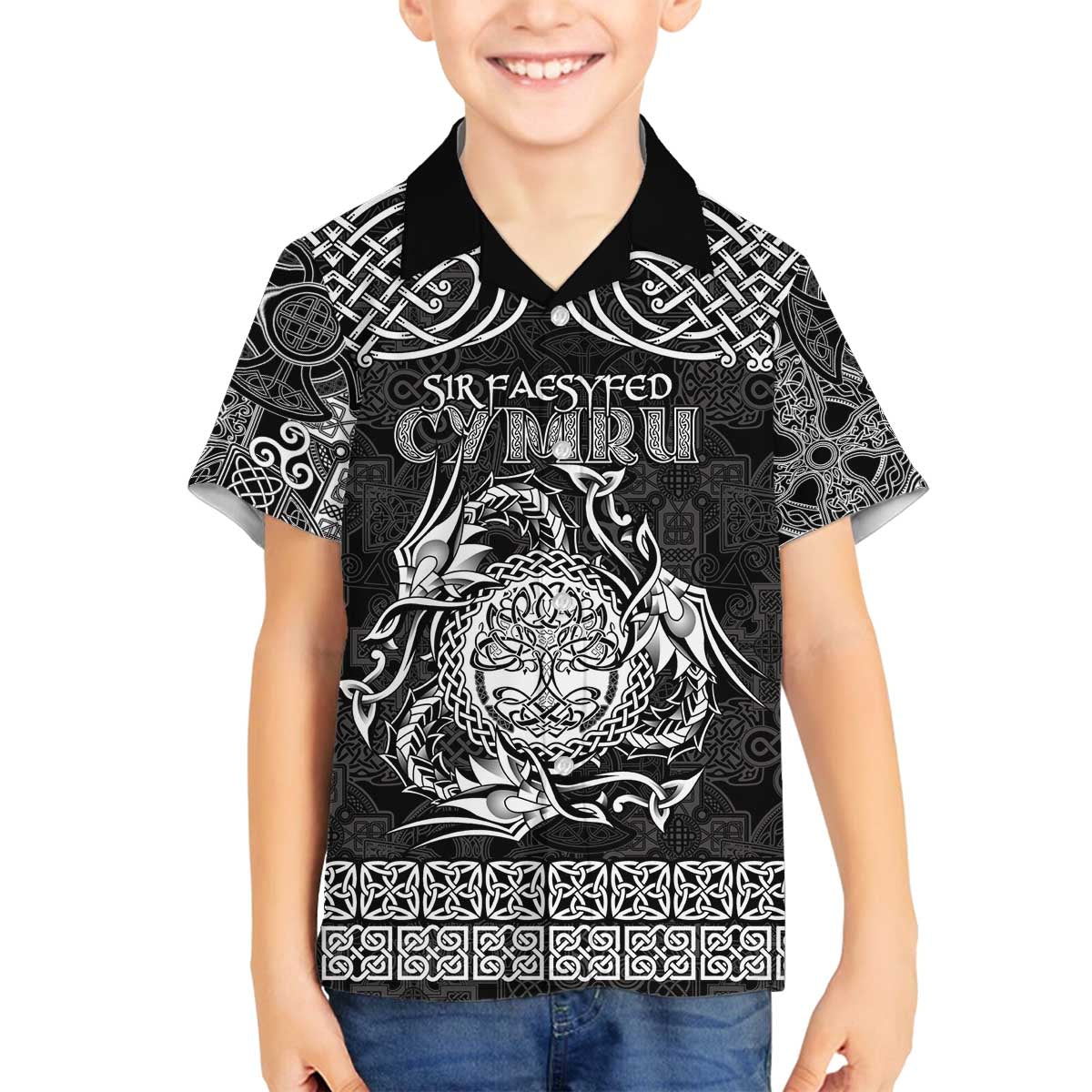 Personalized Radnorshire Sir Faesyfed Family Matching Off The Shoulder Long Sleeve Dress and Hawaiian Shirt Black Oak Tree Of Life Celtic-inspired - Wonder Print Shop