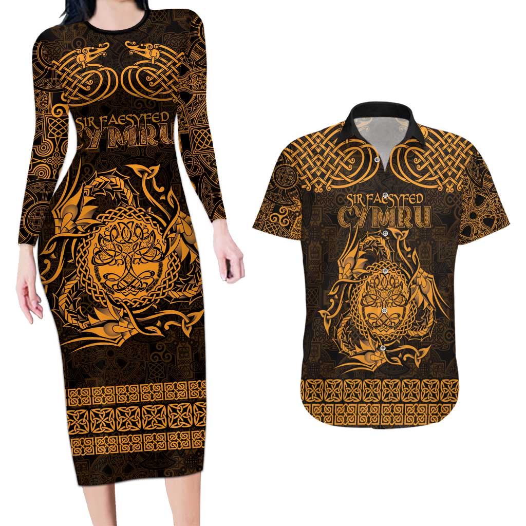 Personalized Radnorshire Sir Faesyfed Couples Matching Long Sleeve Bodycon Dress and Hawaiian Shirt Gold Oak Tree Of Life Celtic-inspired - Wonder Print Shop