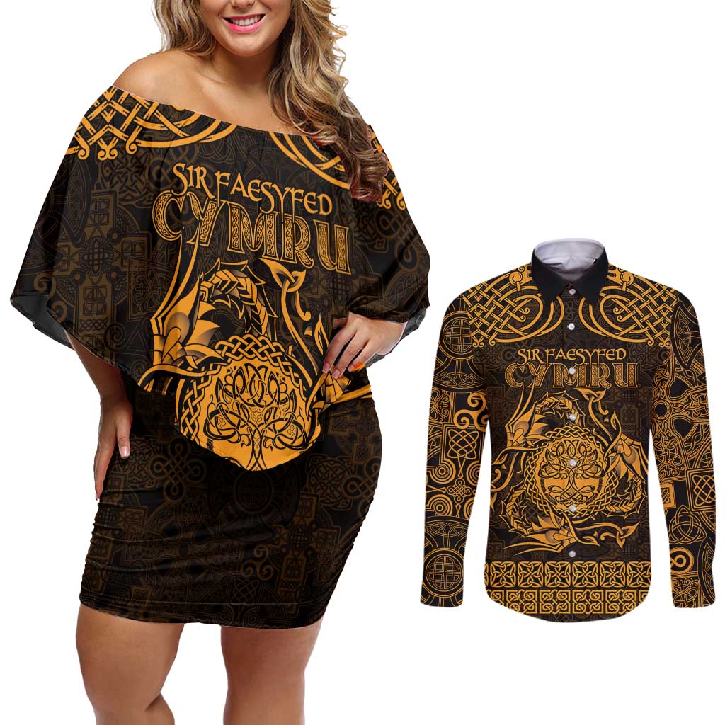 Personalized Radnorshire Sir Faesyfed Couples Matching Off Shoulder Short Dress and Long Sleeve Button Shirt Gold Oak Tree Of Life Celtic-inspired - Wonder Print Shop