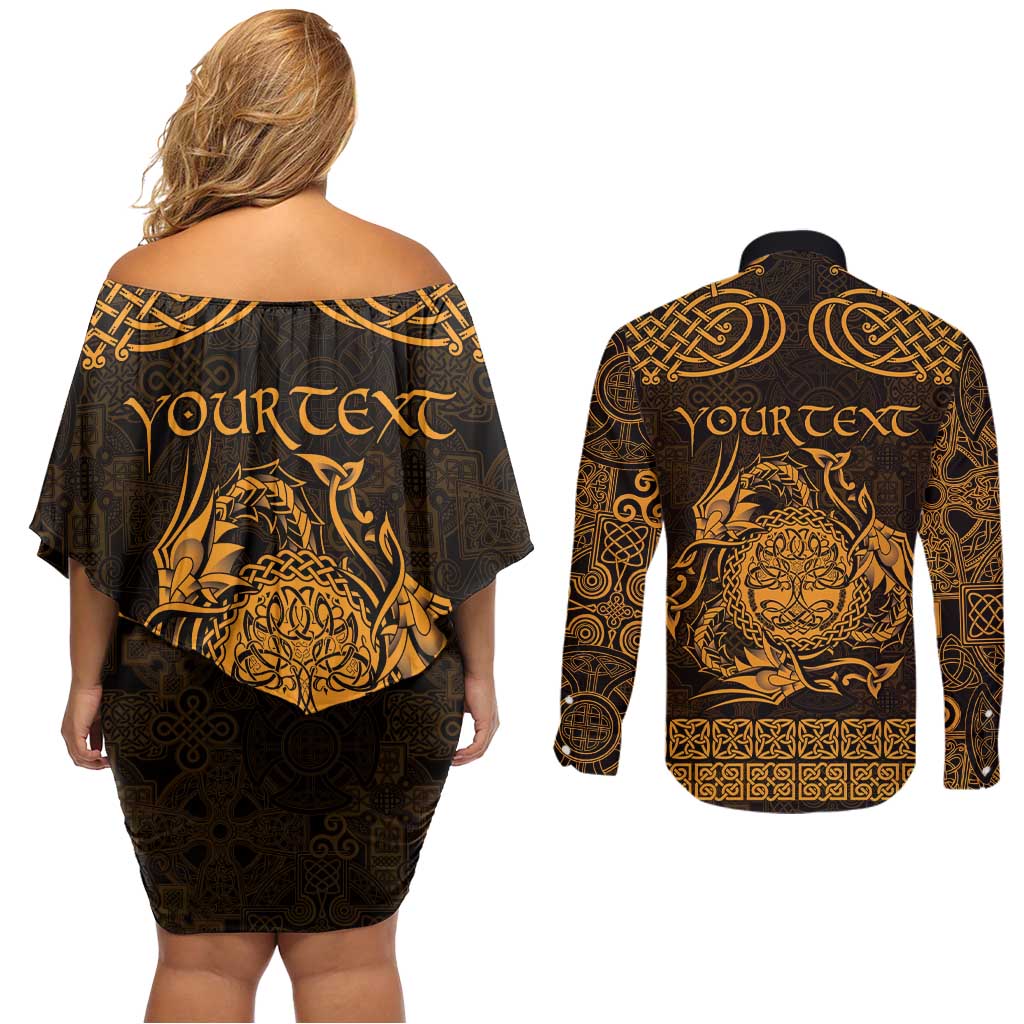 Personalized Radnorshire Sir Faesyfed Couples Matching Off Shoulder Short Dress and Long Sleeve Button Shirt Gold Oak Tree Of Life Celtic-inspired - Wonder Print Shop