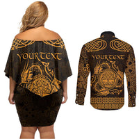 Personalized Radnorshire Sir Faesyfed Couples Matching Off Shoulder Short Dress and Long Sleeve Button Shirt Gold Oak Tree Of Life Celtic-inspired - Wonder Print Shop