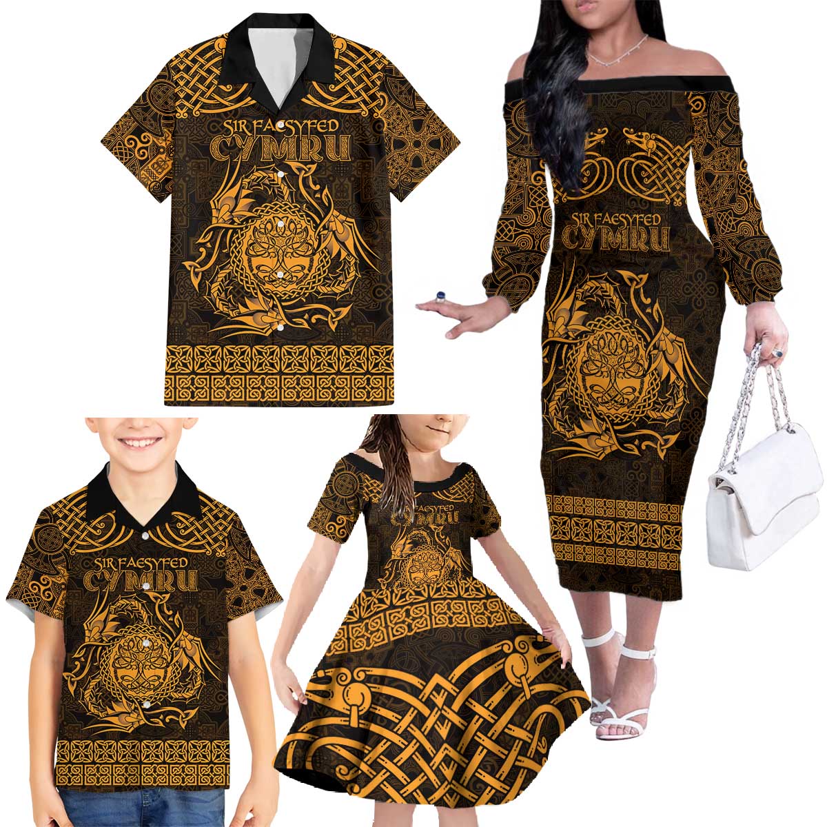 Personalized Radnorshire Sir Faesyfed Family Matching Off The Shoulder Long Sleeve Dress and Hawaiian Shirt Gold Oak Tree Of Life Celtic-inspired - Wonder Print Shop