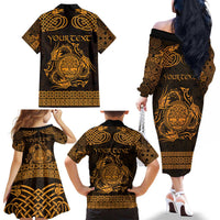 Personalized Radnorshire Sir Faesyfed Family Matching Off The Shoulder Long Sleeve Dress and Hawaiian Shirt Gold Oak Tree Of Life Celtic-inspired - Wonder Print Shop