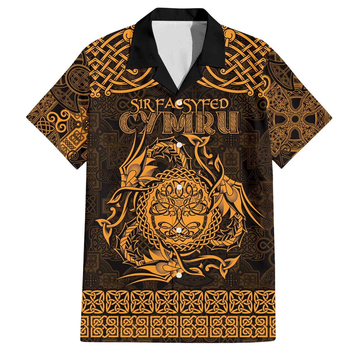 Personalized Radnorshire Sir Faesyfed Family Matching Off The Shoulder Long Sleeve Dress and Hawaiian Shirt Gold Oak Tree Of Life Celtic-inspired - Wonder Print Shop