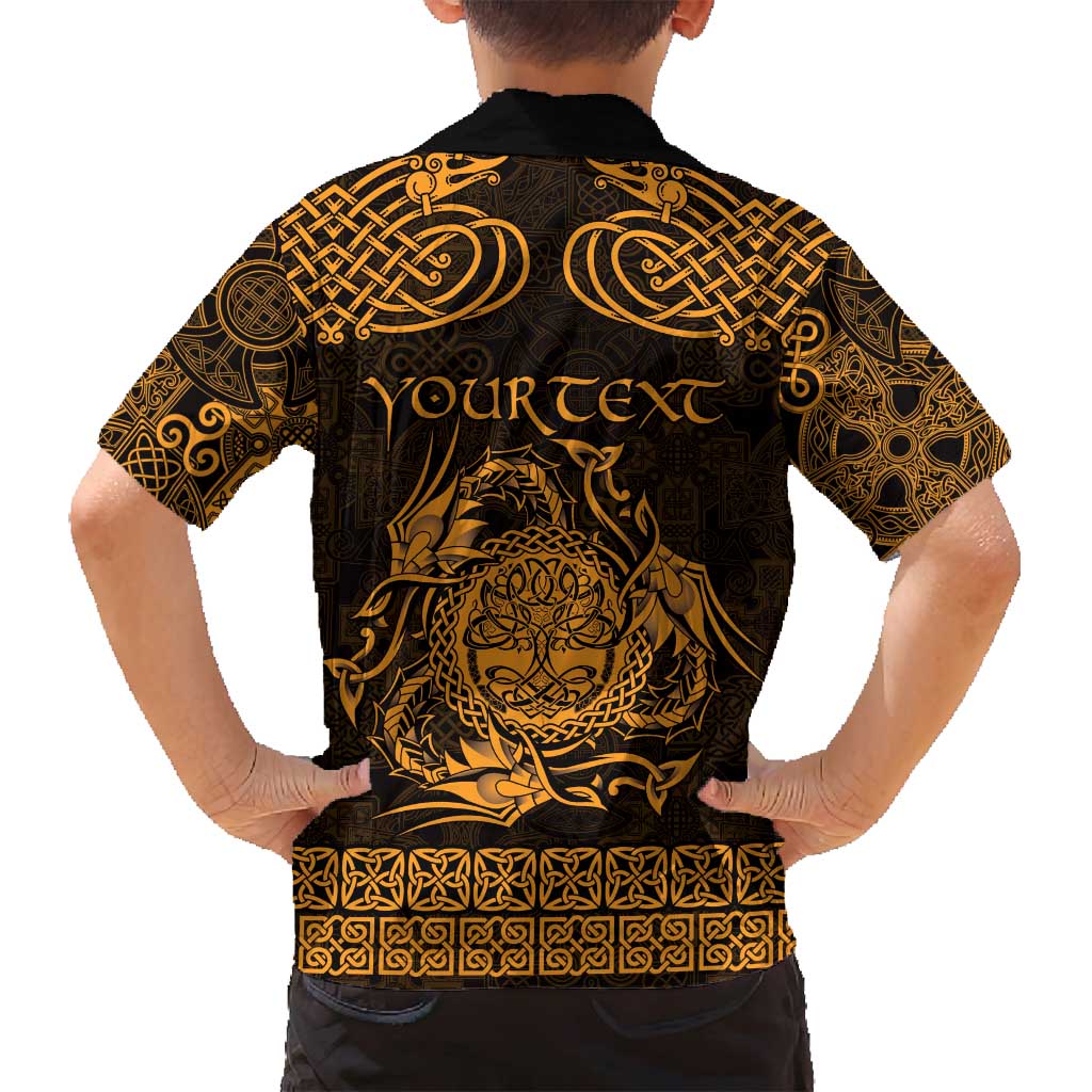 Personalized Radnorshire Sir Faesyfed Family Matching Off Shoulder Short Dress and Hawaiian Shirt Gold Oak Tree Of Life Celtic-inspired - Wonder Print Shop