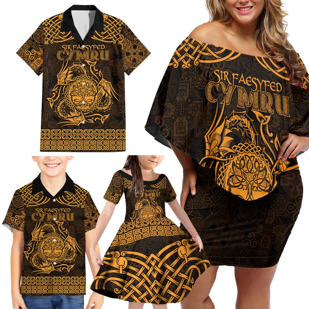 Personalized Radnorshire Sir Faesyfed Family Matching Off Shoulder Short Dress and Hawaiian Shirt Gold Oak Tree Of Life Celtic-inspired - Wonder Print Shop