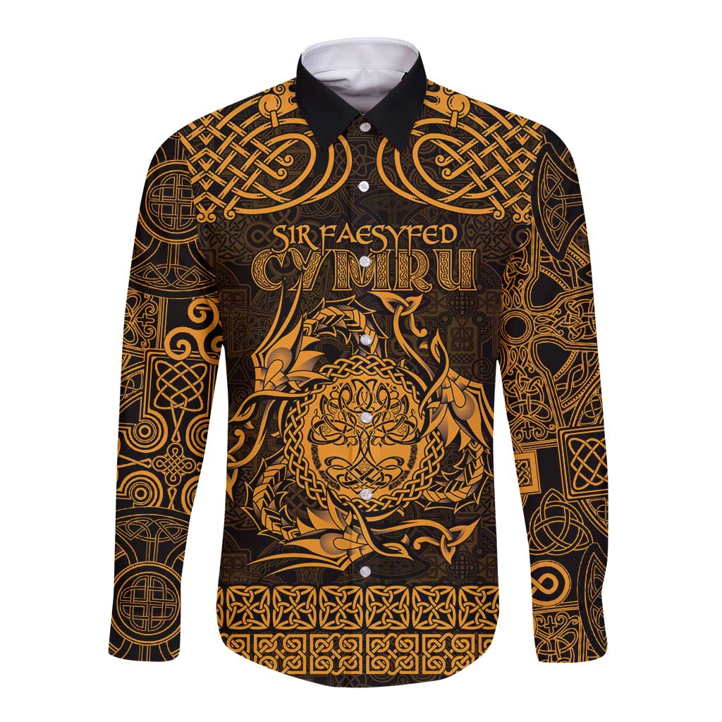 Personalized Radnorshire Sir Faesyfed Long Sleeve Button Shirt Gold Oak Tree Of Life Celtic-inspired - Wonder Print Shop