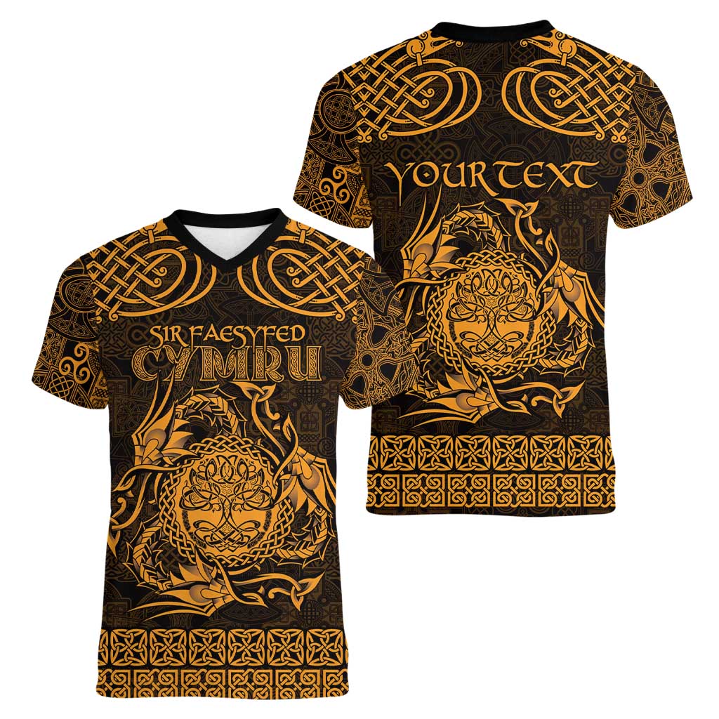 Personalized Radnorshire Sir Faesyfed Women V-Neck T-Shirt Gold Oak Tree Of Life Celtic-inspired - Wonder Print Shop