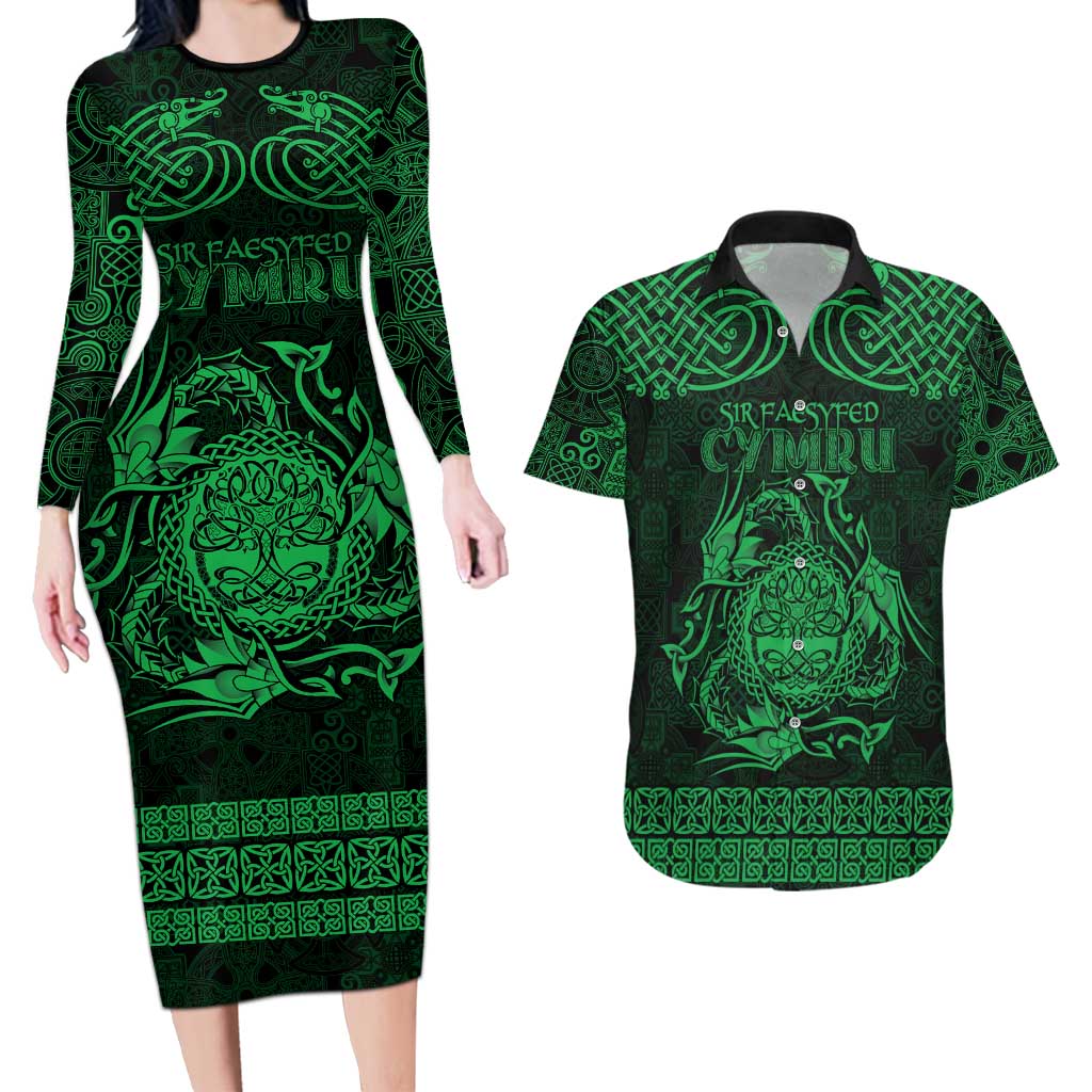 Personalized Radnorshire Sir Faesyfed Couples Matching Long Sleeve Bodycon Dress and Hawaiian Shirt Green Oak Tree Of Life Celtic-inspired - Wonder Print Shop