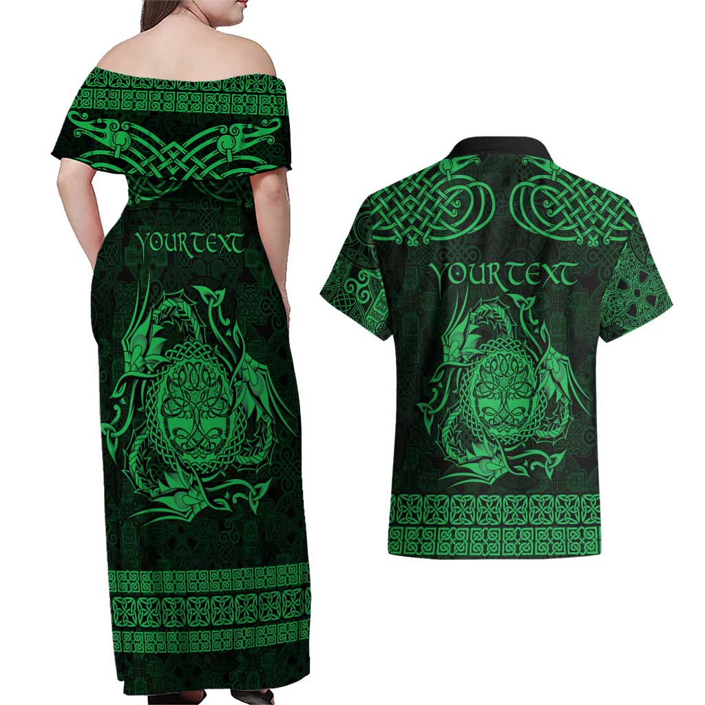 Personalized Radnorshire Sir Faesyfed Couples Matching Off Shoulder Maxi Dress and Hawaiian Shirt Green Oak Tree Of Life Celtic-inspired - Wonder Print Shop