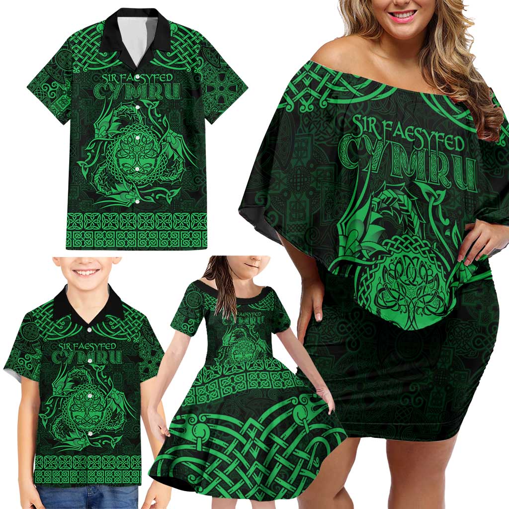 Personalized Radnorshire Sir Faesyfed Family Matching Off Shoulder Short Dress and Hawaiian Shirt Green Oak Tree Of Life Celtic-inspired - Wonder Print Shop
