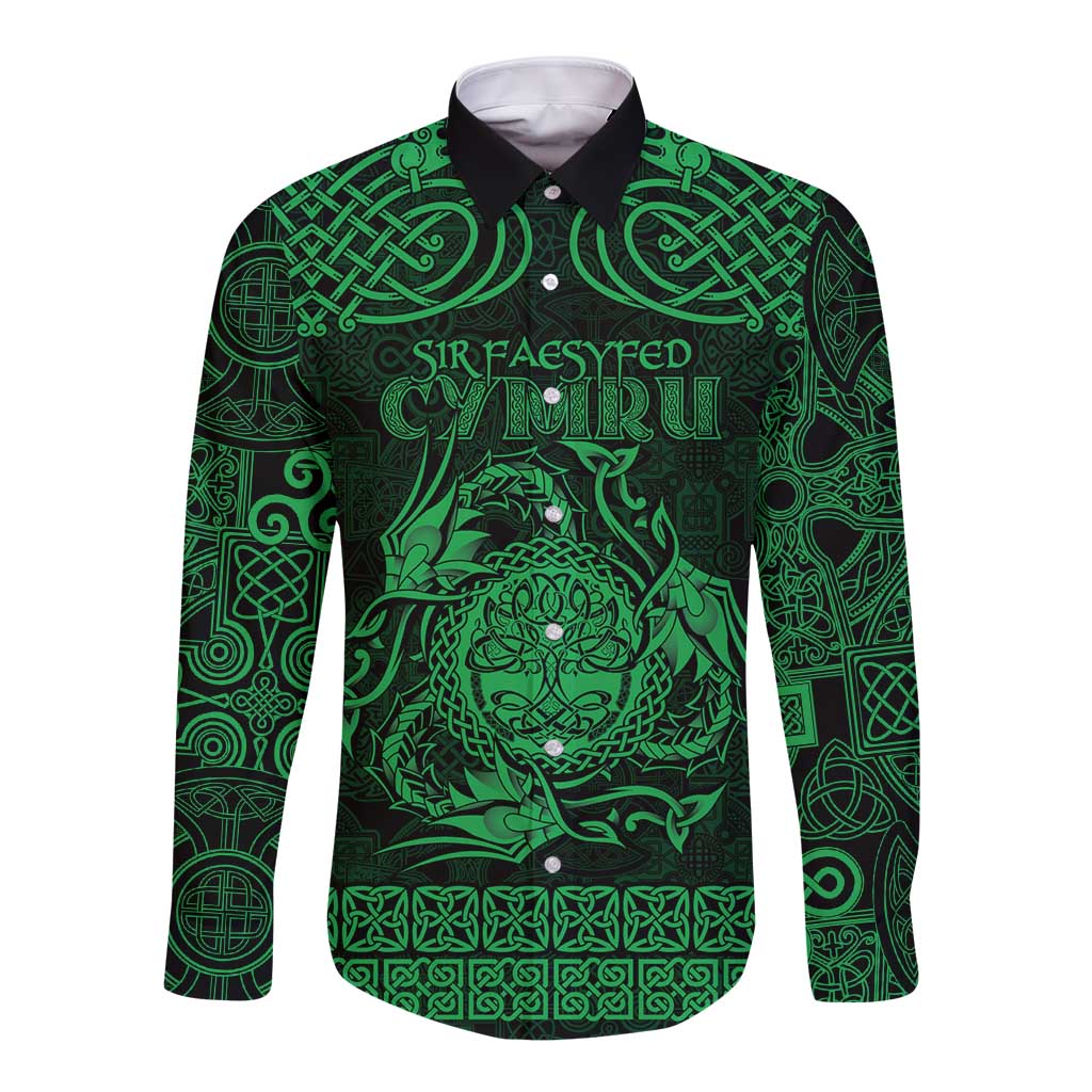 Personalized Radnorshire Sir Faesyfed Long Sleeve Button Shirt Green Oak Tree Of Life Celtic-inspired - Wonder Print Shop