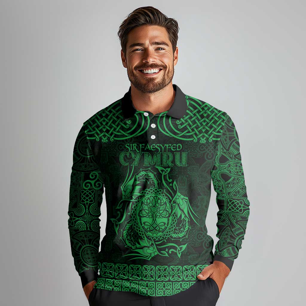 Personalized Radnorshire Sir Faesyfed Long Sleeve Polo Shirt Green Oak Tree Of Life Celtic-inspired - Wonder Print Shop