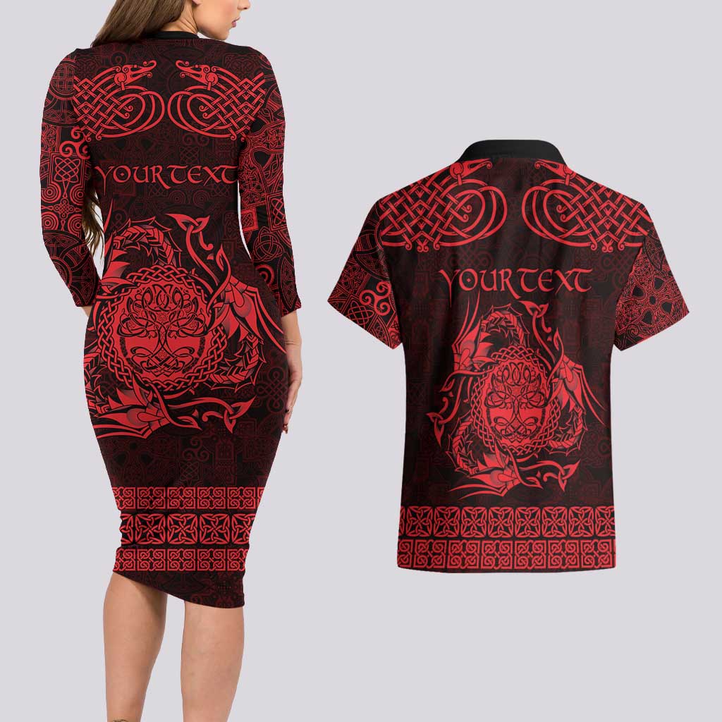 Personalized Radnorshire Sir Faesyfed Couples Matching Long Sleeve Bodycon Dress and Hawaiian Shirt Red Oak Tree Of Life Celtic-inspired - Wonder Print Shop