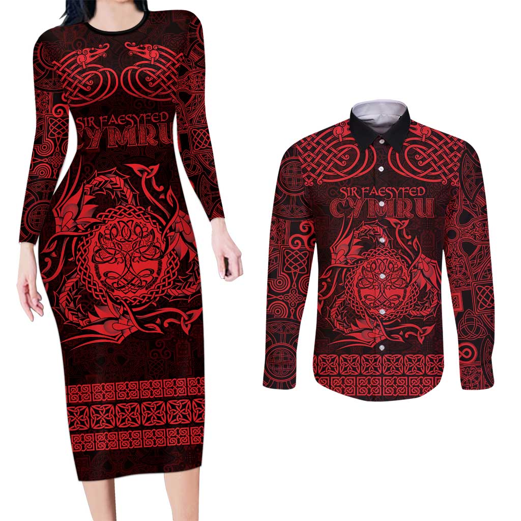 Personalized Radnorshire Sir Faesyfed Couples Matching Long Sleeve Bodycon Dress and Long Sleeve Button Shirt Red Oak Tree Of Life Celtic-inspired - Wonder Print Shop
