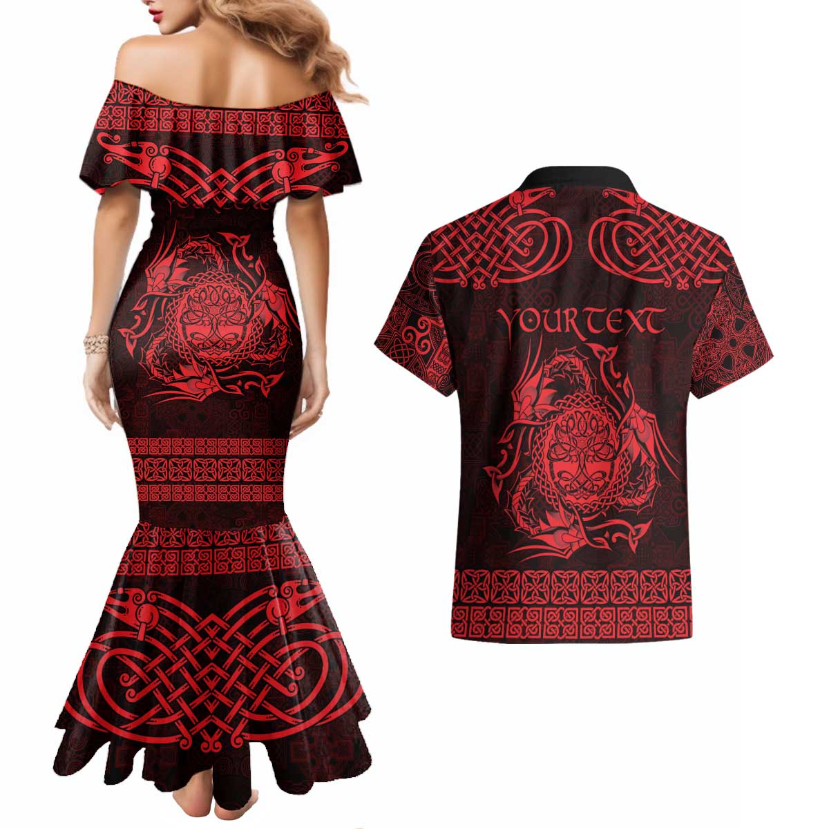 Personalized Radnorshire Sir Faesyfed Couples Matching Mermaid Dress and Hawaiian Shirt Red Oak Tree Of Life Celtic-inspired - Wonder Print Shop