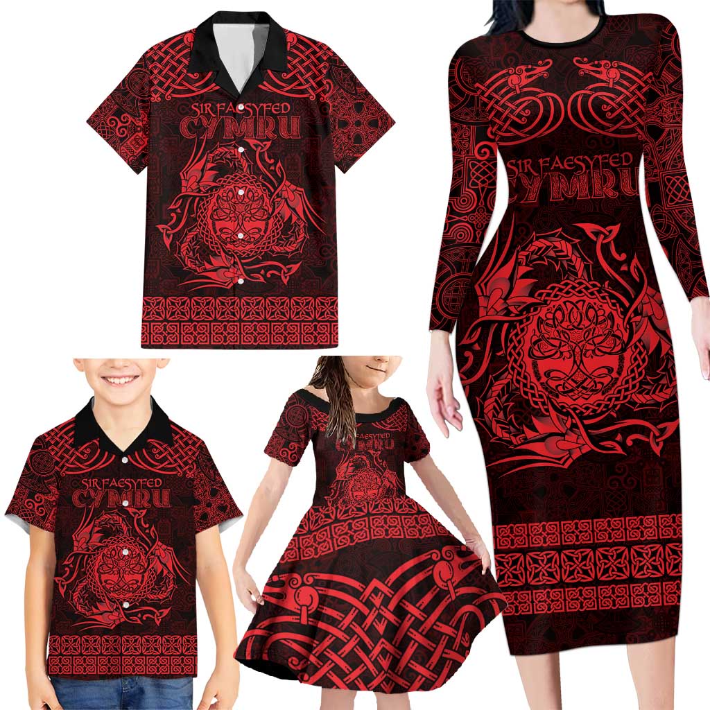 Personalized Radnorshire Sir Faesyfed Family Matching Long Sleeve Bodycon Dress and Hawaiian Shirt Red Oak Tree Of Life Celtic-inspired - Wonder Print Shop