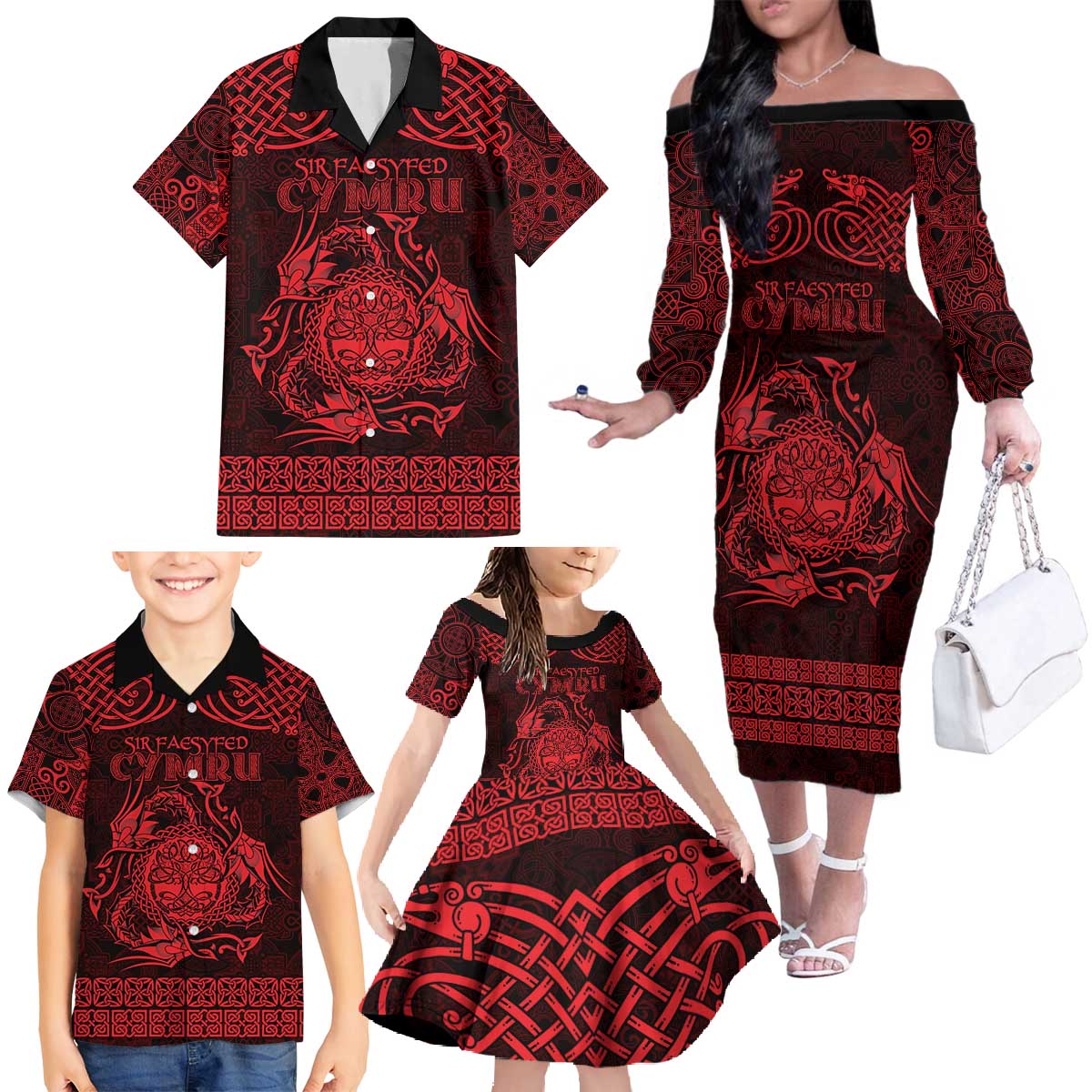 Personalized Radnorshire Sir Faesyfed Family Matching Off The Shoulder Long Sleeve Dress and Hawaiian Shirt Red Oak Tree Of Life Celtic-inspired - Wonder Print Shop